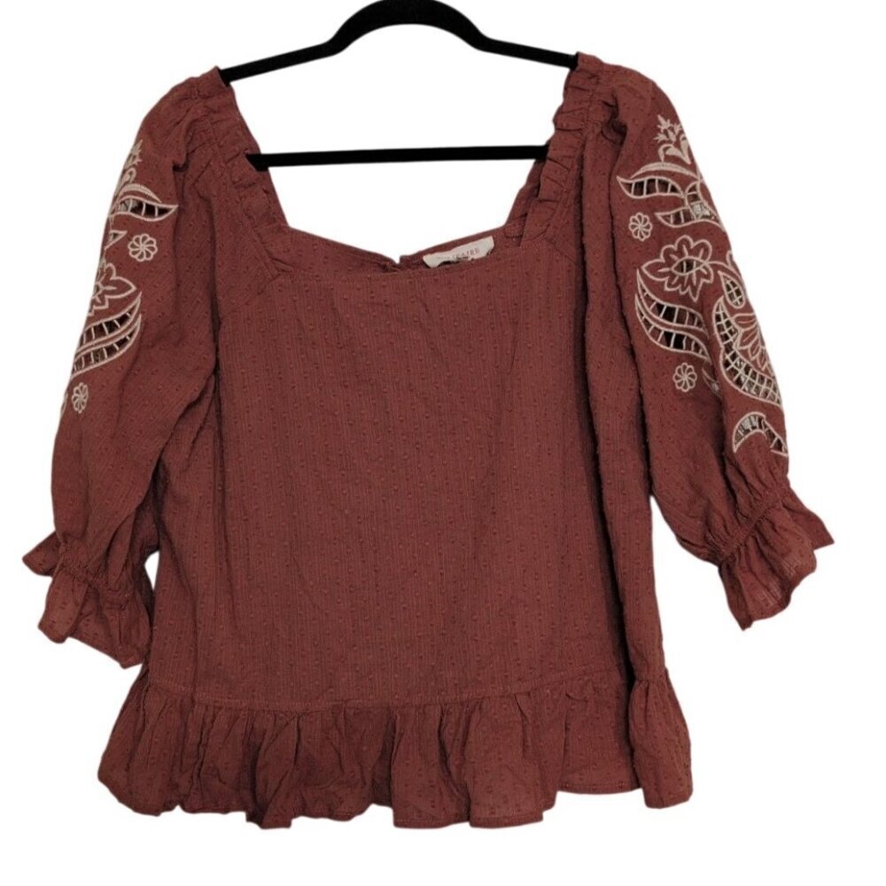 Solitaire Floral Embroidered Shirt Womens Size XL Burnt Orange Ruffle Hem Boho
